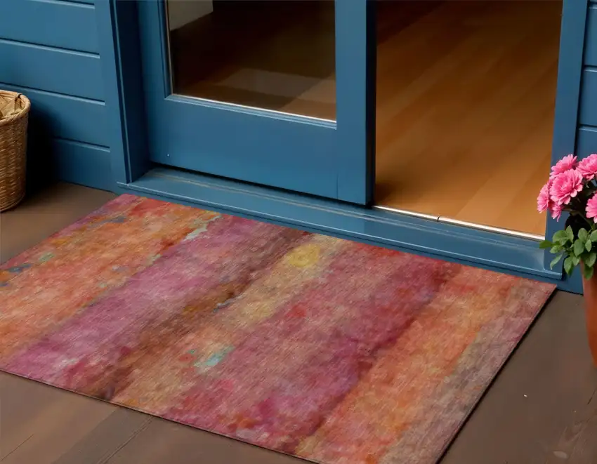 Pink Orange And Gold Abstract Washable Indoor Outdoor Area Rug Photo 1