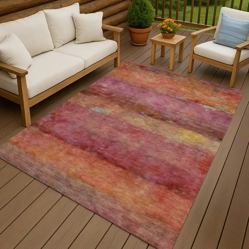 Pink Orange And Gold Abstract Washable Indoor Outdoor Area Rug Photo 9