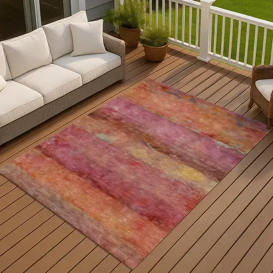 Pink Orange And Gold Abstract Washable Indoor Outdoor Area Rug Photo 7