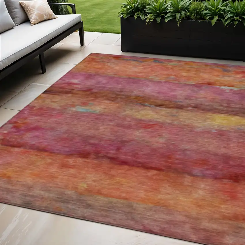 Pink Orange And Gold Abstract Washable Indoor Outdoor Area Rug Photo 1