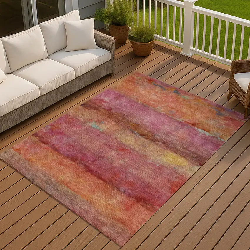 Pink Orange And Gold Abstract Washable Indoor Outdoor Area Rug Photo 8