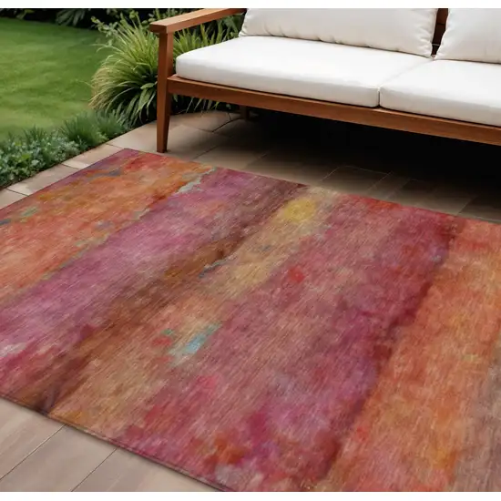 Pink Orange And Gold Abstract Washable Indoor Outdoor Area Rug Photo 1