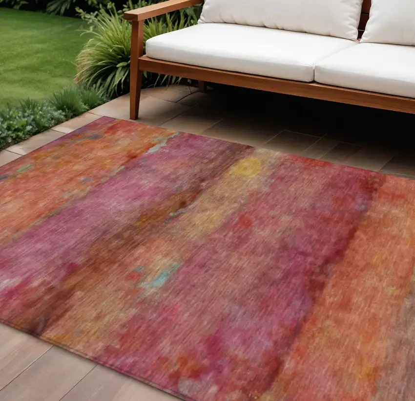Pink Orange And Gold Abstract Washable Indoor Outdoor Area Rug Photo 1