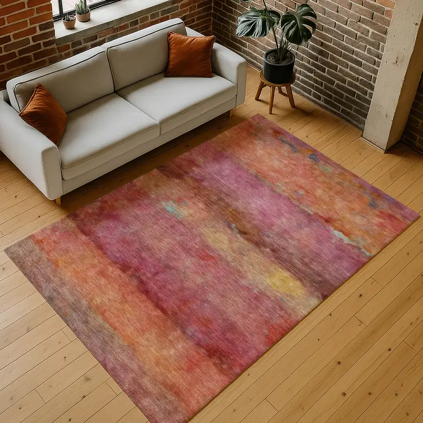 Pink Orange And Gold Abstract Washable Indoor Outdoor Area Rug Photo 9