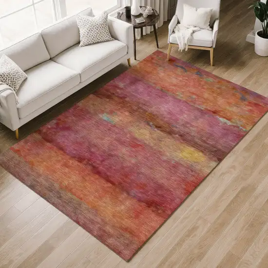 Pink Orange And Gold Abstract Washable Indoor Outdoor Area Rug Photo 8