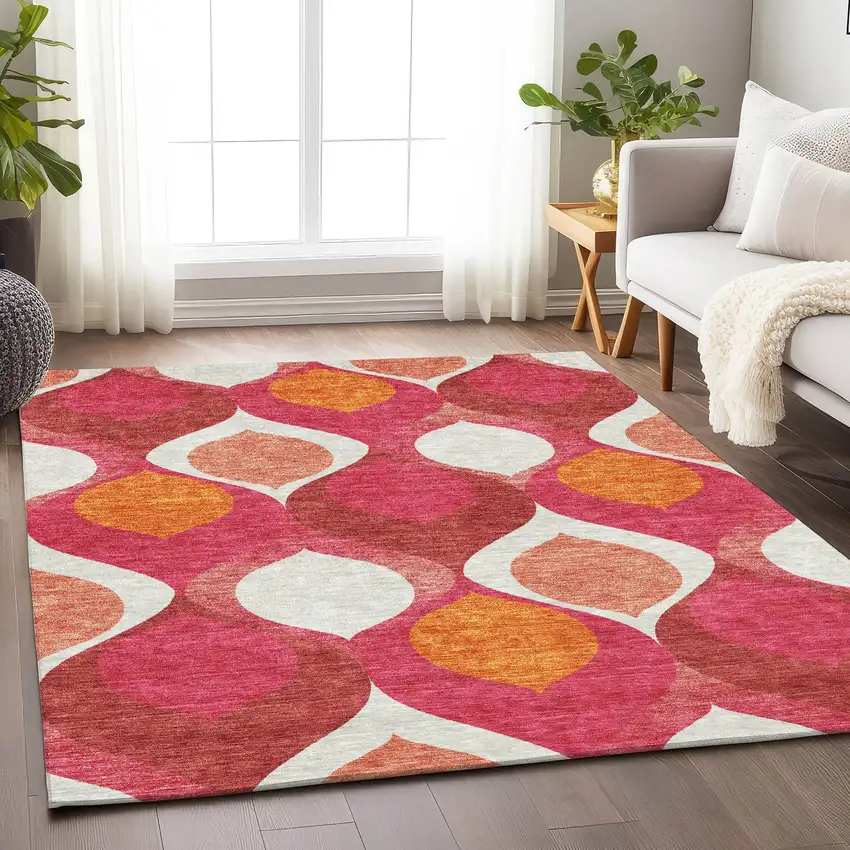 Pink Orange And Ivory Ogee Washable Area Rug With UV Protection Photo 5
