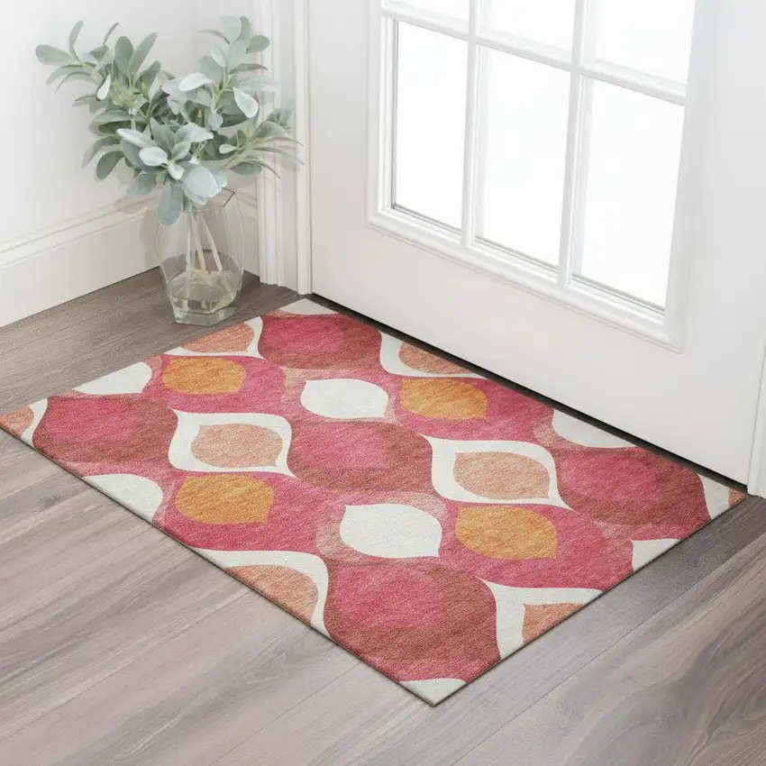 Pink Orange And Ivory Ogee Washable Area Rug With UV Protection Photo 1