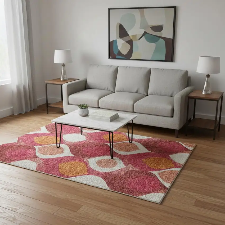 Pink Orange And Ivory Ogee Washable Area Rug With UV Protection Photo 2