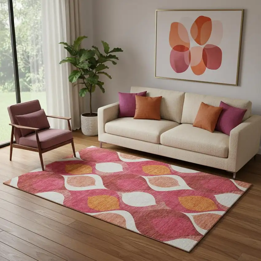 Pink Orange And Ivory Ogee Washable Area Rug With UV Protection Photo 1