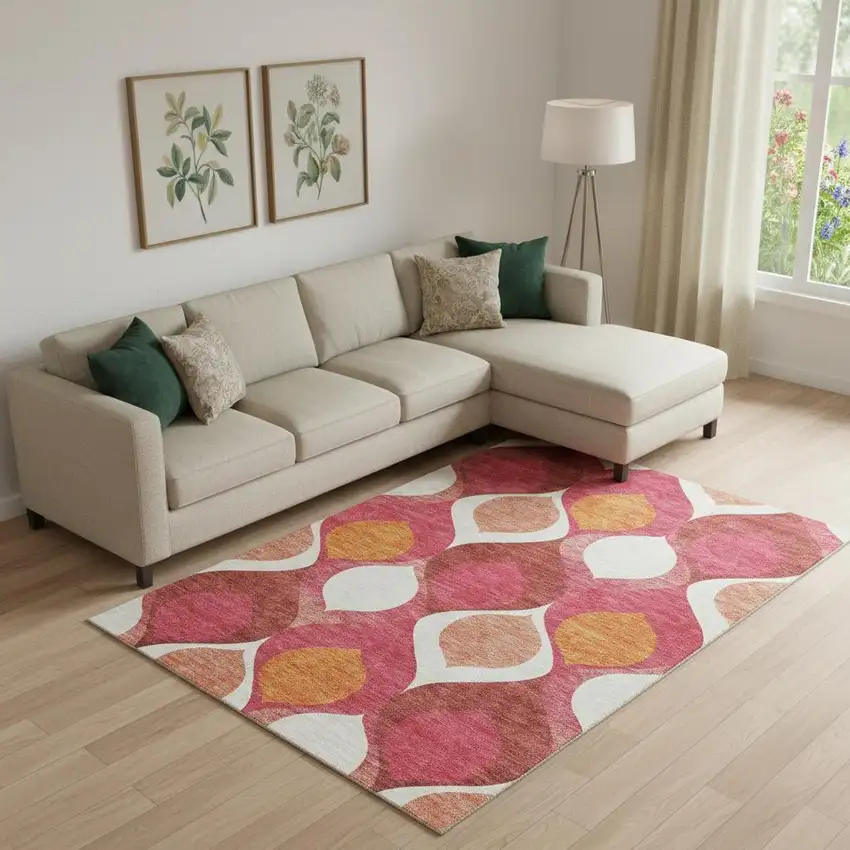 Pink Orange And Ivory Ogee Washable Area Rug With UV Protection Photo 1