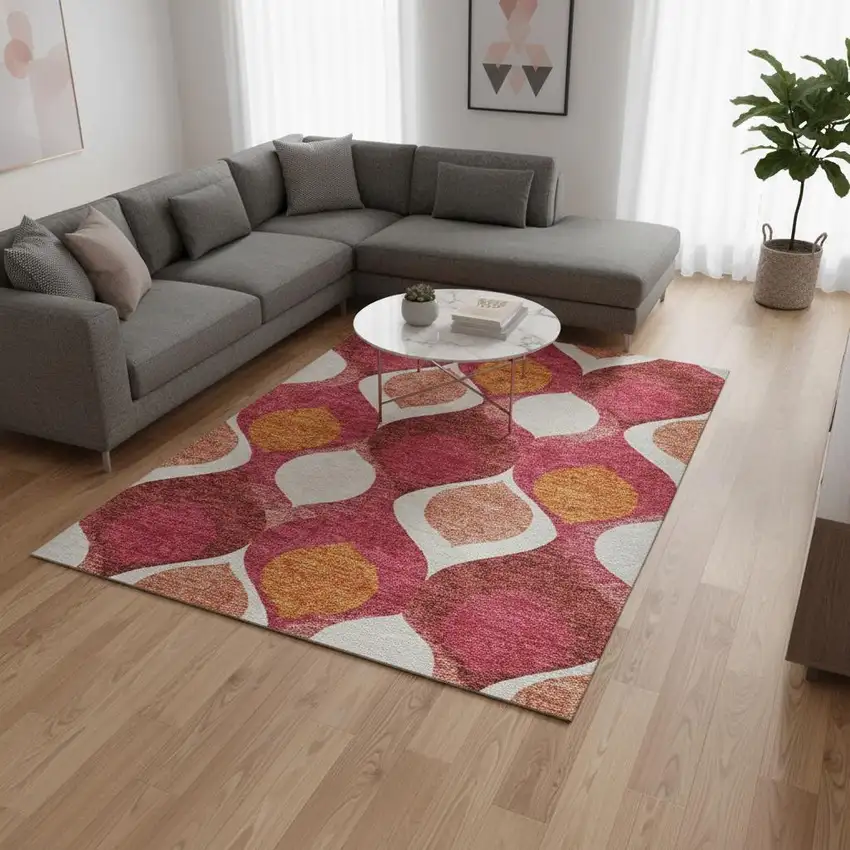 Pink Orange And Ivory Ogee Washable Area Rug With UV Protection Photo 2