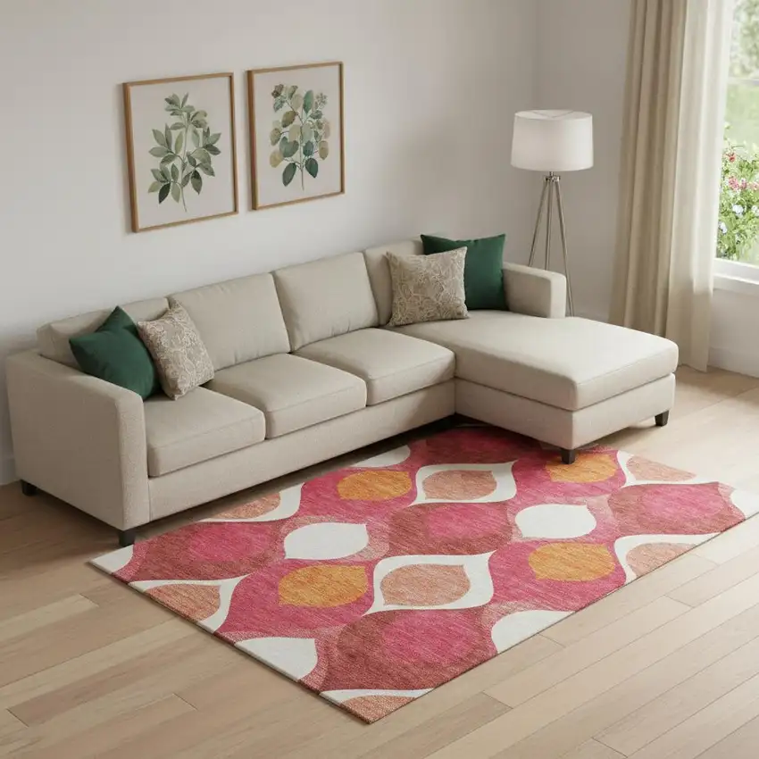 Pink Orange And Ivory Ogee Washable Area Rug With UV Protection Photo 1