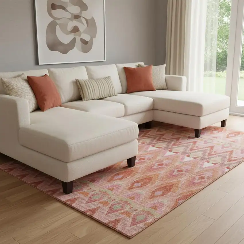 Pink Orange And Mint Green Southwestern Washable Area Rug With UV Protection Photo 1