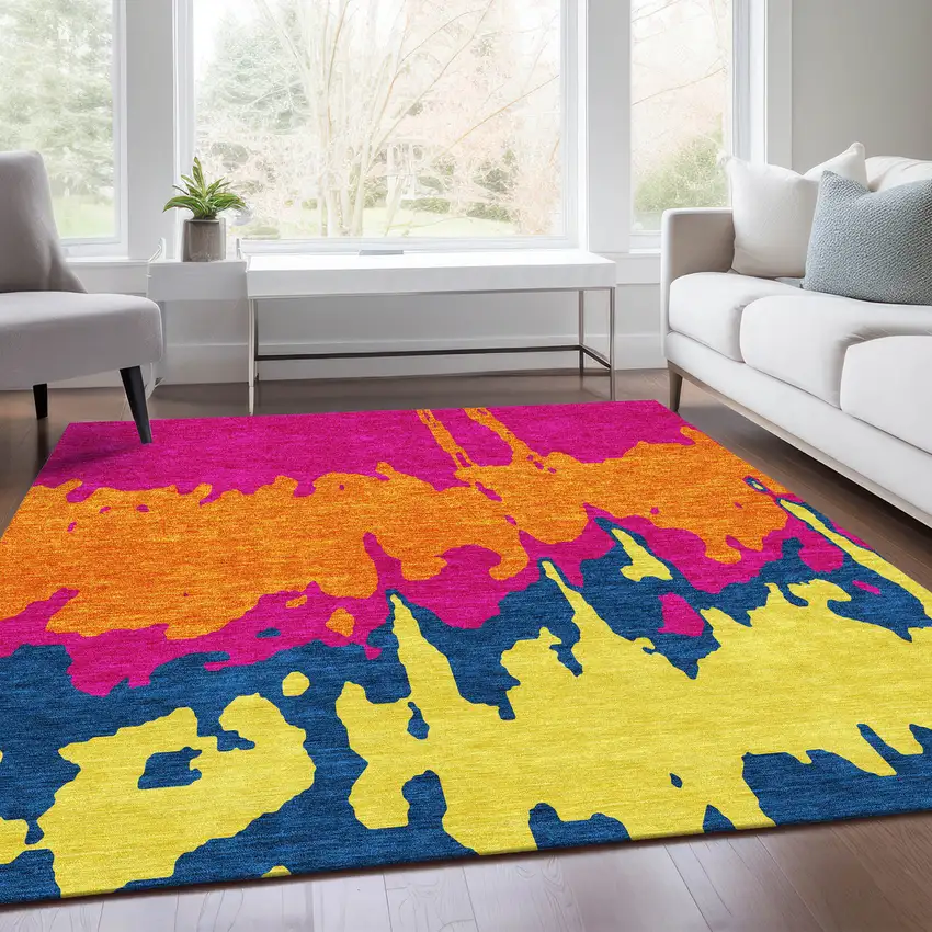 Pink Orange Blue And Lime Green Abstract Washable Area Rug With UV Protection Photo 3