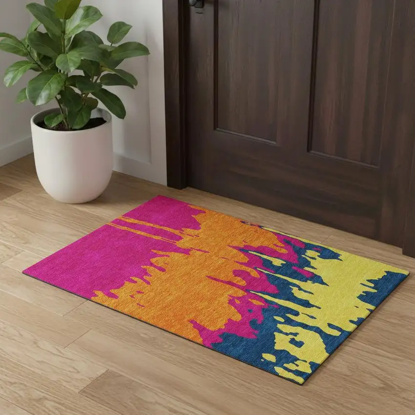 Pink Orange Blue And Lime Green Abstract Washable Area Rug With UV Protection Photo 1