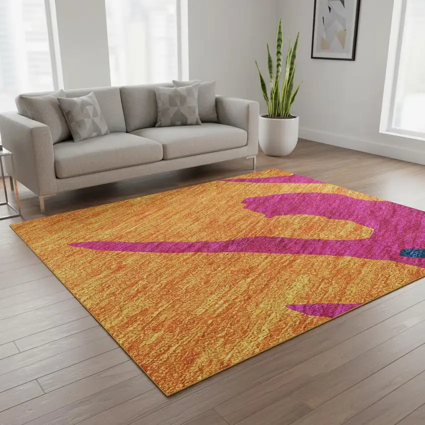Pink Orange Blue And Lime Green Abstract Washable Area Rug With UV Protection Photo 2