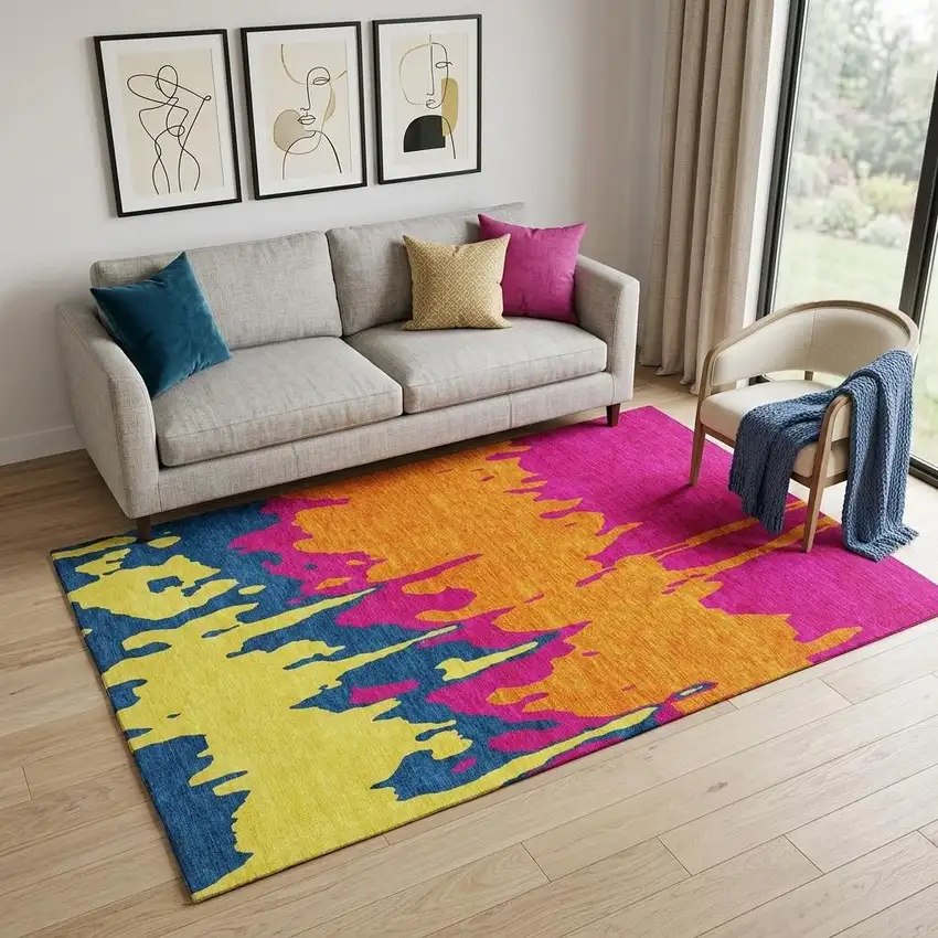 Pink Orange Blue And Lime Green Abstract Washable Area Rug With UV Protection Photo 1
