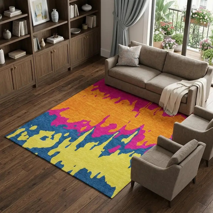 Pink Orange Blue And Lime Green Abstract Washable Area Rug With UV Protection Photo 1