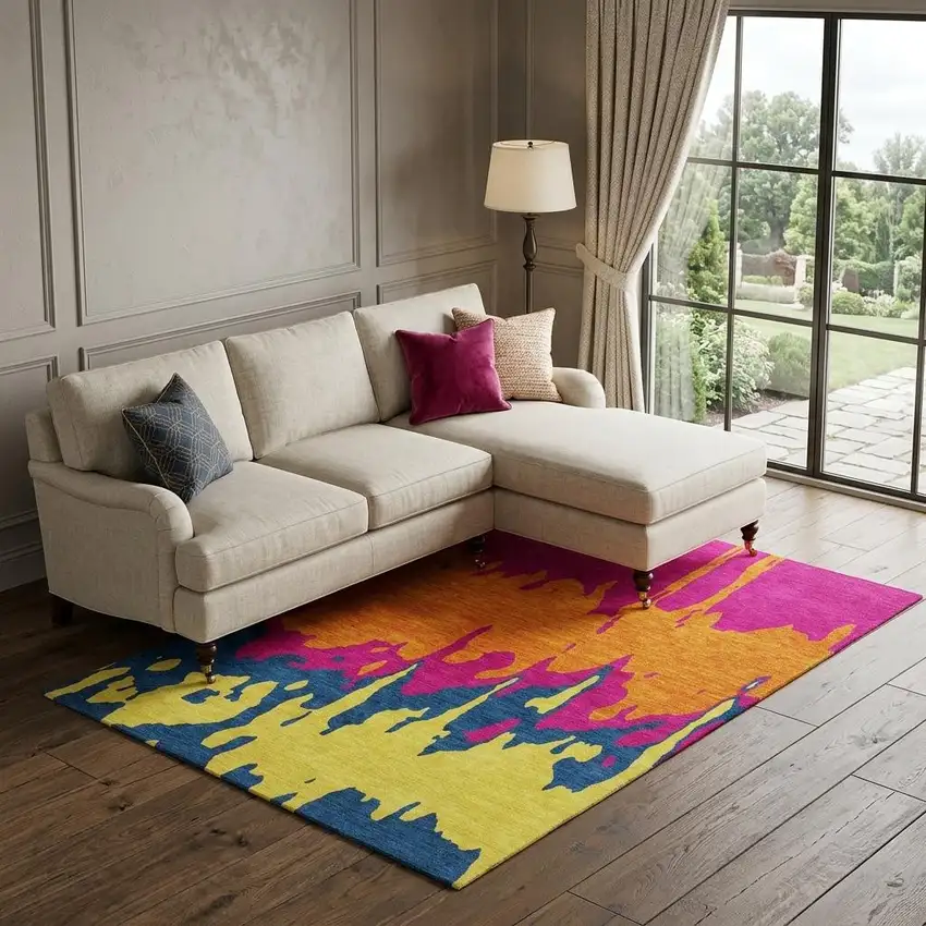 Pink Orange Blue And Lime Green Abstract Washable Area Rug With UV Protection Photo 1