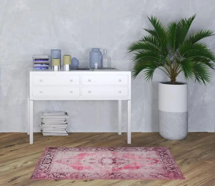 Pink Oriental Distressed Non Skid Area Rug Photo 2