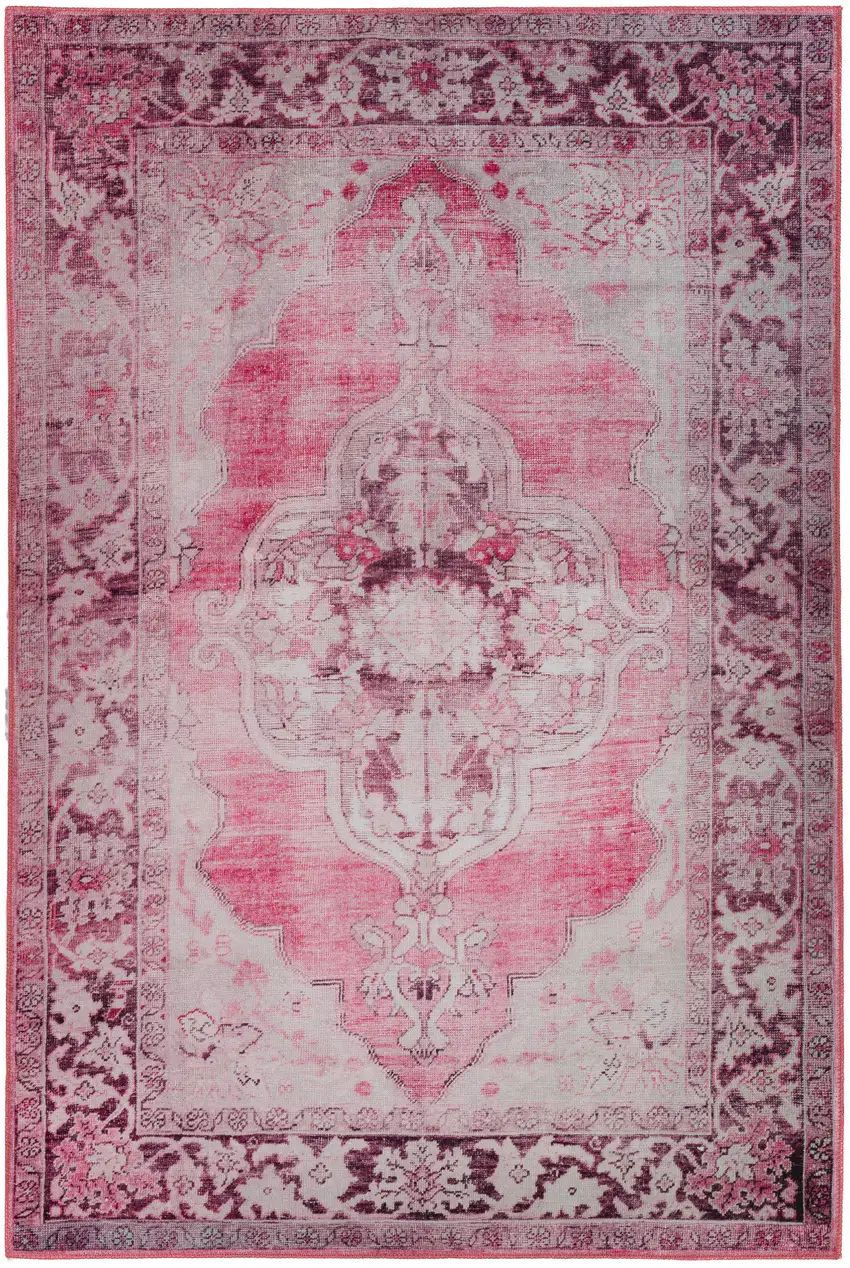 Pink Oriental Distressed Non Skid Area Rug Photo 1