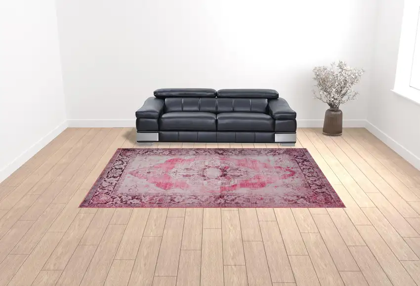 Pink Oriental Distressed Non Skid Area Rug Photo 2