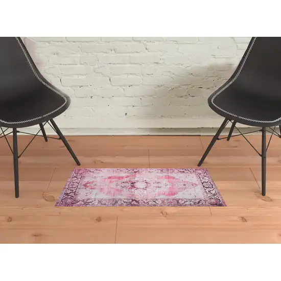 Pink Oriental Distressed Non Skid Area Rug Photo 2