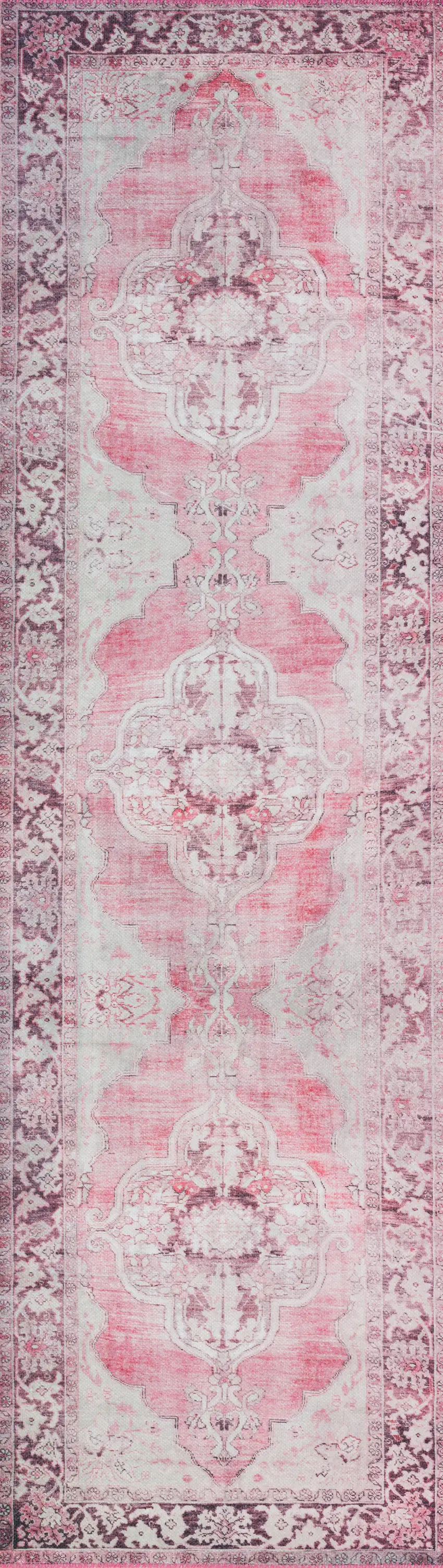2' X 8' Pink Oriental Distressed Non Skid Runner Rug Photo 5