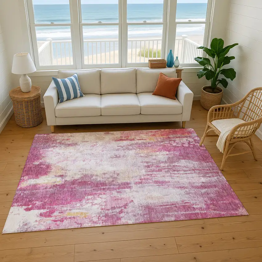 Pink Peach And Ivory Abstract Washable Area Rug With UV Protection Photo 3