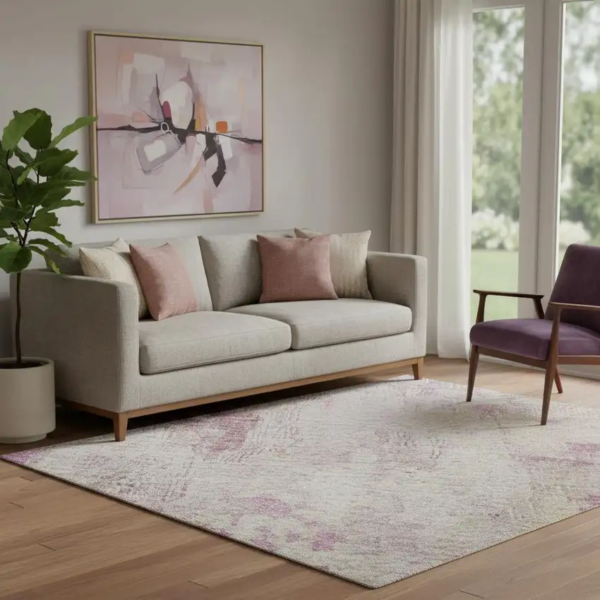 Pink Peach And Ivory Abstract Washable Area Rug With UV Protection Photo 2