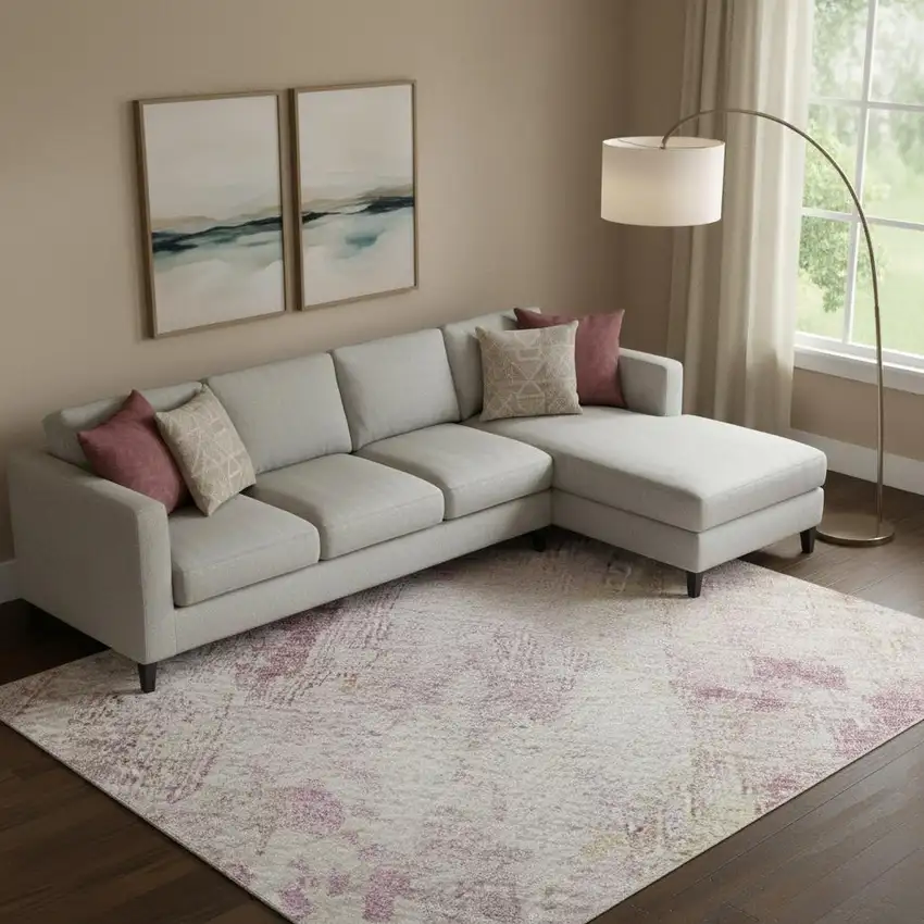 Pink Peach And Ivory Abstract Washable Area Rug With UV Protection Photo 2