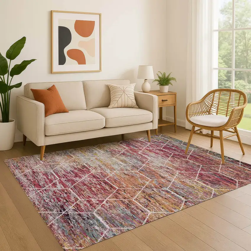 Pink Peach And Ivory Geometric Washable Area Rug With UV Protection Photo 2