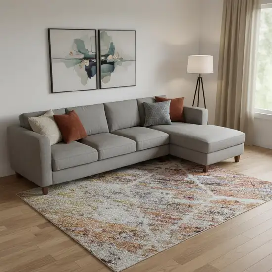 Pink Peach And Ivory Geometric Washable Area Rug With UV Protection Photo 2