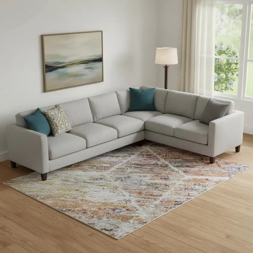 Pink Peach And Ivory Geometric Washable Area Rug With UV Protection Photo 2