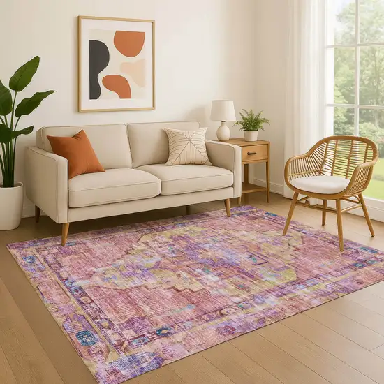 Pink Purple And Blue Oriental Washable Area Rug With UV Protection Photo 4