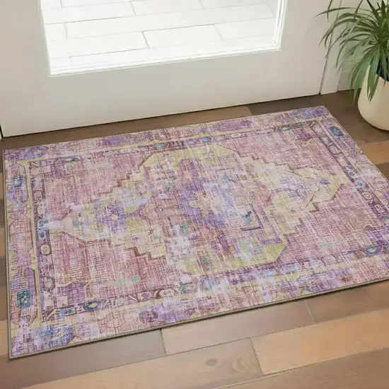 Pink Purple And Blue Oriental Washable Area Rug With UV Protection Photo 2