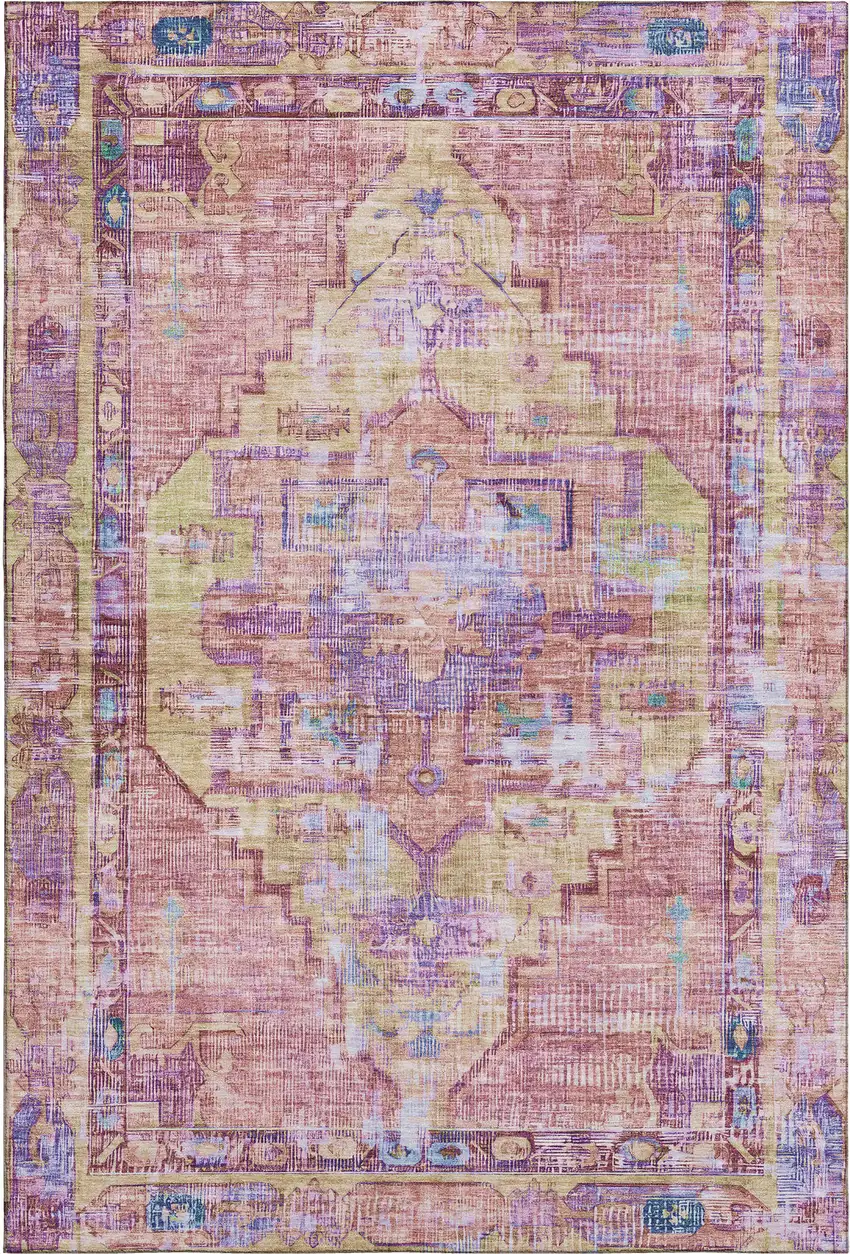 Pink Purple And Blue Oriental Washable Area Rug With UV Protection Photo 1