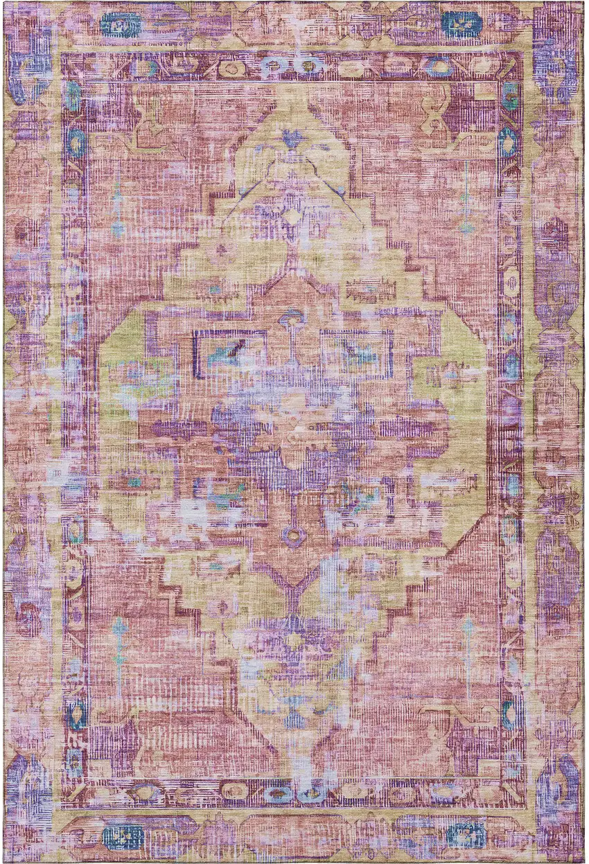 Pink Purple And Blue Oriental Washable Area Rug With UV Protection Photo 3
