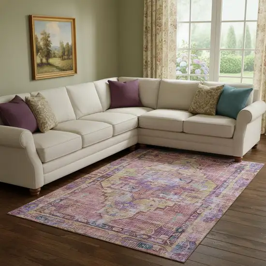 Pink Purple And Blue Oriental Washable Area Rug With UV Protection Photo 2