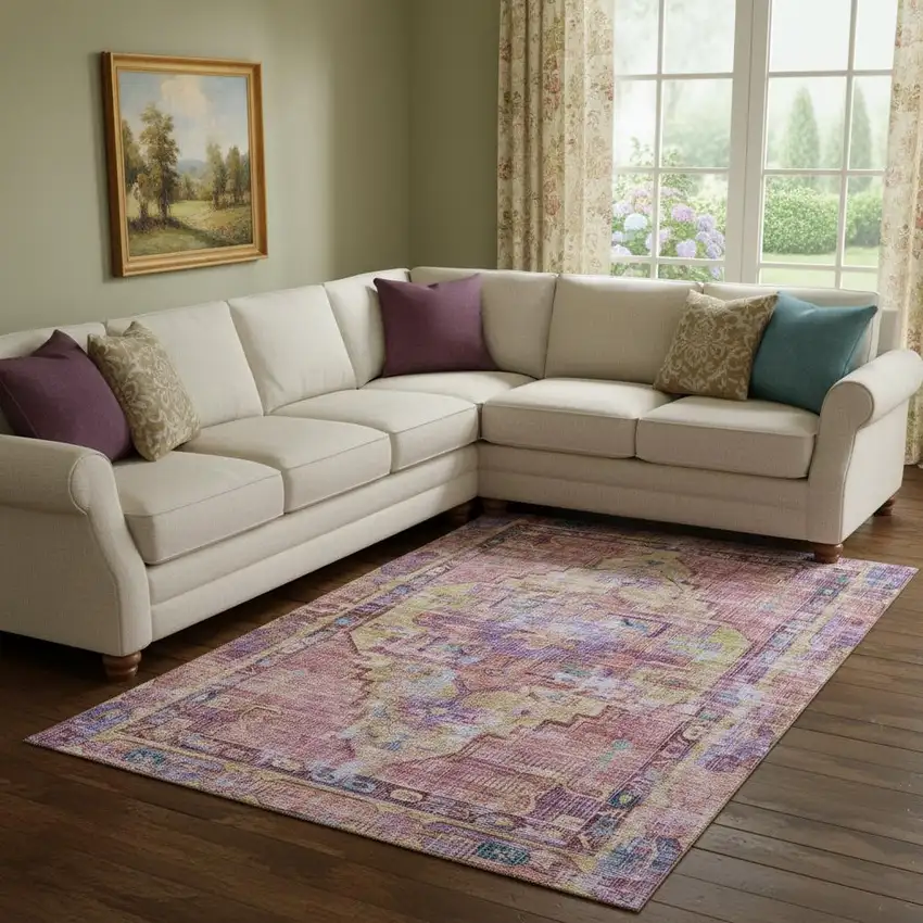 Pink Purple And Blue Oriental Washable Area Rug With UV Protection Photo 2