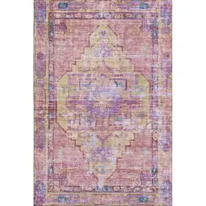 Photo of Pink Purple And Blue Oriental Washable Area Rug With UV Protection