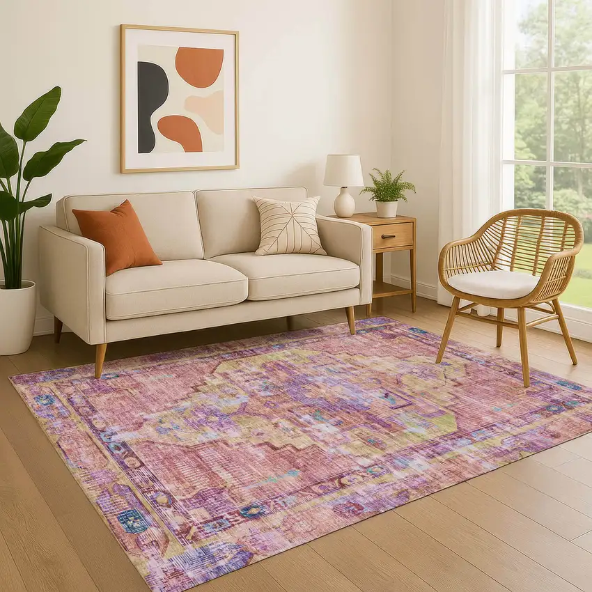 Pink Purple And Blue Oriental Washable Area Rug With UV Protection Photo 2