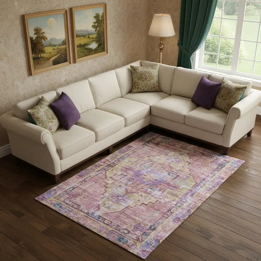 Pink Purple And Blue Oriental Washable Area Rug With UV Protection Photo 2