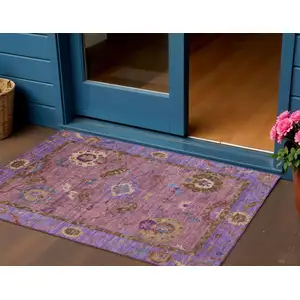 Photo of Pink Purple And Gold Floral Medallion Washable Indoor Outdoor Area Rug