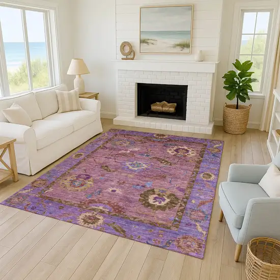 Pink Purple And Gold Floral Medallion Washable Indoor Outdoor Area Rug Photo 9