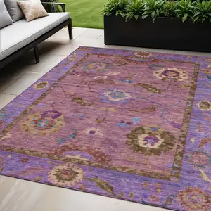 Photo of Pink Purple And Gold Floral Medallion Washable Indoor Outdoor Area Rug