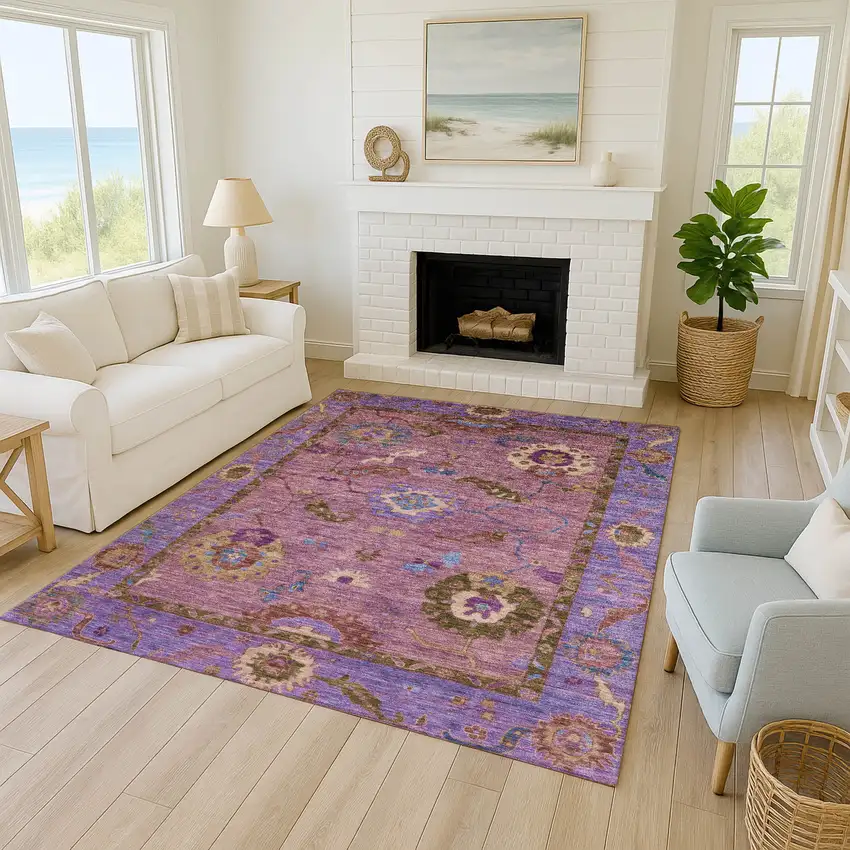 Pink Purple And Gold Floral Medallion Washable Indoor Outdoor Area Rug Photo 9