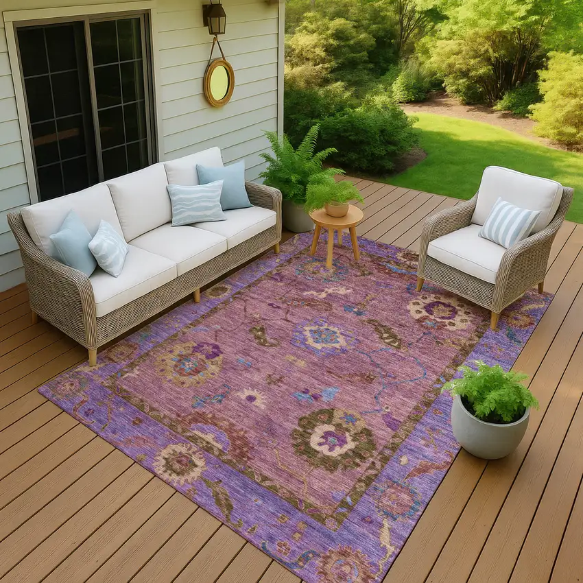 Pink Purple And Gold Floral Medallion Washable Indoor Outdoor Area Rug Photo 9