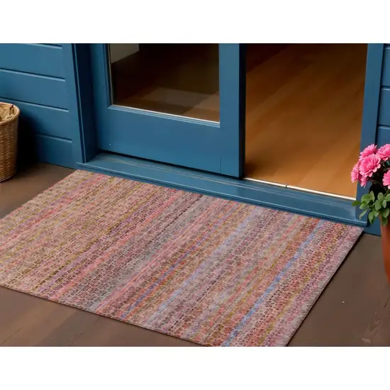 Pink Purple And Gold Striped Washable Indoor Outdoor Area Rug Photo 2