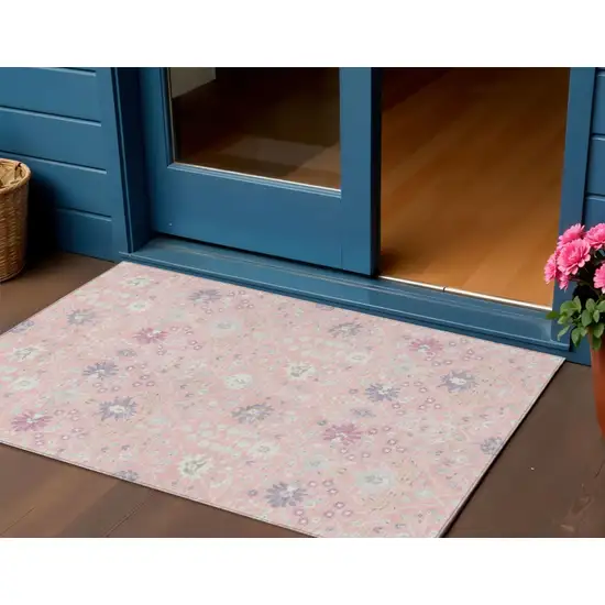 Pink Purple And Gray Oriental Washable Indoor Outdoor Area Rug Photo 1